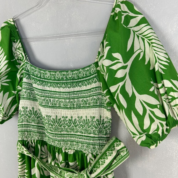 Aura maxi dress size M square neck puff sleeve Kelly green leaf print cotton - Picture 6 of 12